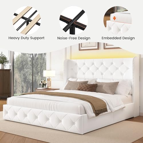larmace queen size bed frame with led lights, front angle view