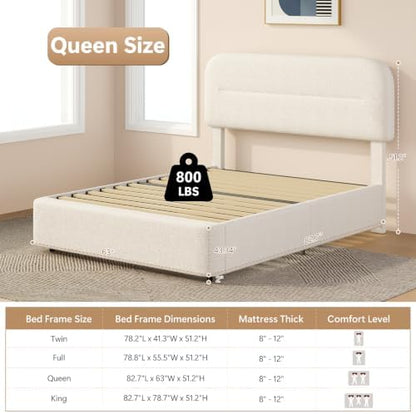 hombck queen bed frame,white boucle upholstered platform bed shown in use