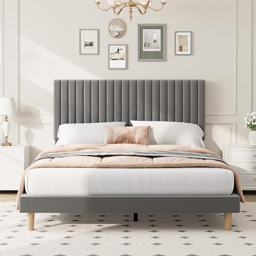 full bed frame with adjustable headboard, velvet upholstered, front angle view