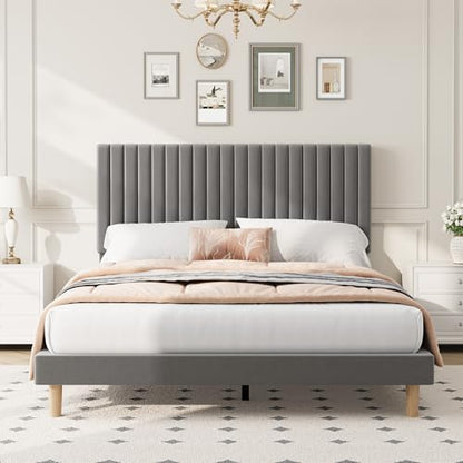 full bed frame with adjustable headboard, velvet upholstered, front angle view