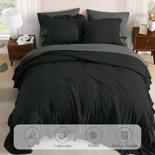 AMBERSPACE Queen Comforter Set Black Ruffle 7 Pieces Farmhouse Bed in a Bag