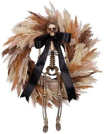 Halloween Wreath for Front Door 24 Inch with Faux Wheat Pampas Grass Gold Skull Skeleton Black Bow, Boho & Scary Fall Halloween Holiday Wreath Decoration for Home Door Wall Indoor/Outdoor