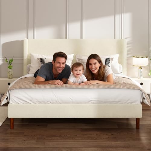 king bed frame, boucle upholstered platform bed with on a desk or shelf