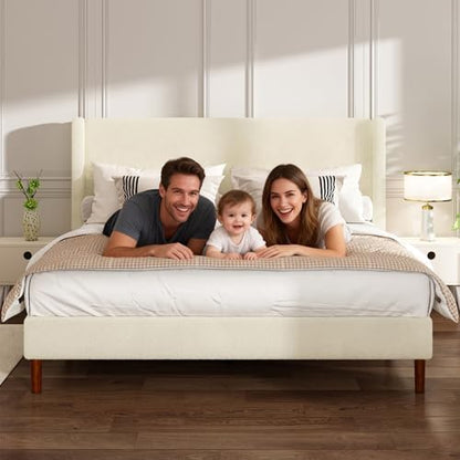 king bed frame, boucle upholstered platform bed with on a desk or shelf