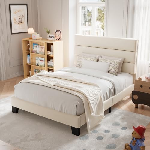 allewie twin size platform bed frame with fabric, front angle view