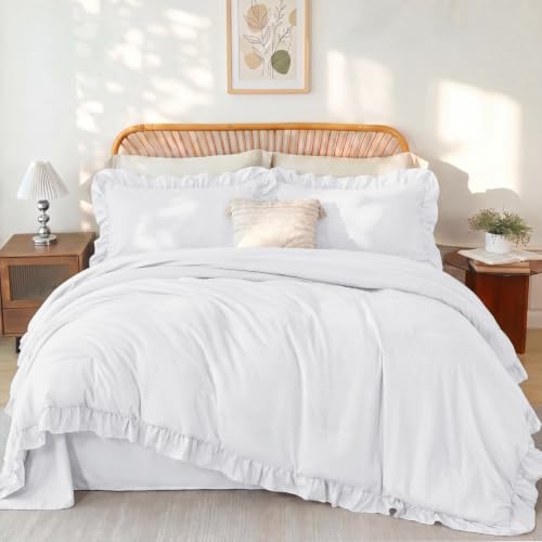 zrnbast white ruffle bedding set twin, 5-piece bed shown in use