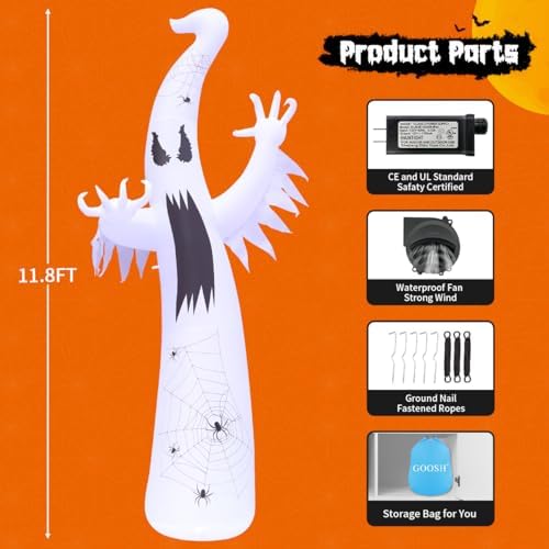 GOOSH 12 FT Halloween Inflatables Ghost Outdoor Decorations Blow Up Yard Giant Towering Terrible Spooky Flame Lamp Ghost with Built-in LEDs for Garden Lawn Indoor Party Decor