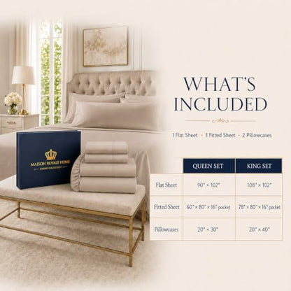 luxury bed sheet set, taupe, queen (u.s. standard) on a desk or shelf
