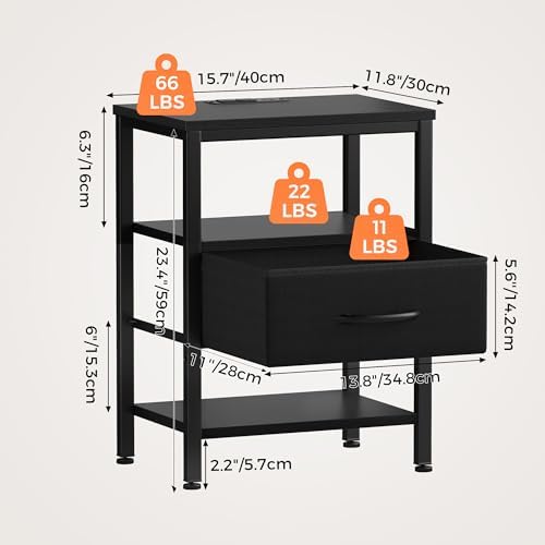 dumos night stand set 2 with charging station showing dimensions
