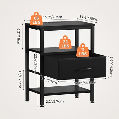 dumos night stand set 2 with charging station showing dimensions