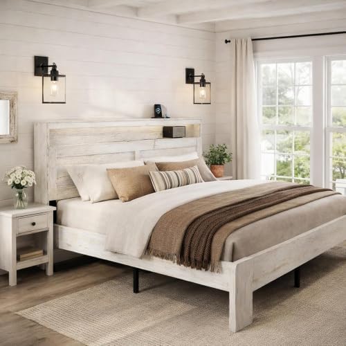 king size wooden bed frame with headboard, rustic, front angle view