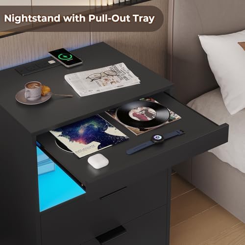 adorneve black led nightstand with wireless charging station showing dimensions