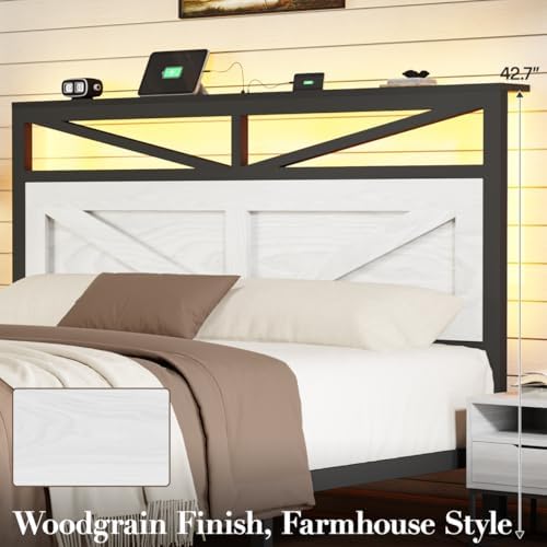 rustic king bed frame with barn door headboard, front angle view