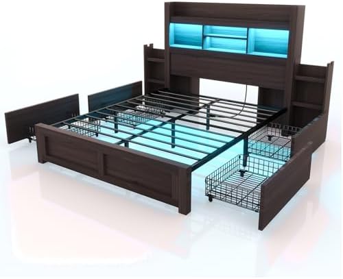 luxoak queen bed frame with bookcase headboard &, front angle view