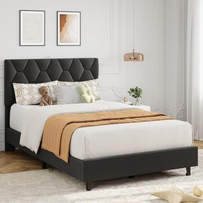 garveehome twin xl bed frame, adjustable upholstered headboard,gray, side view