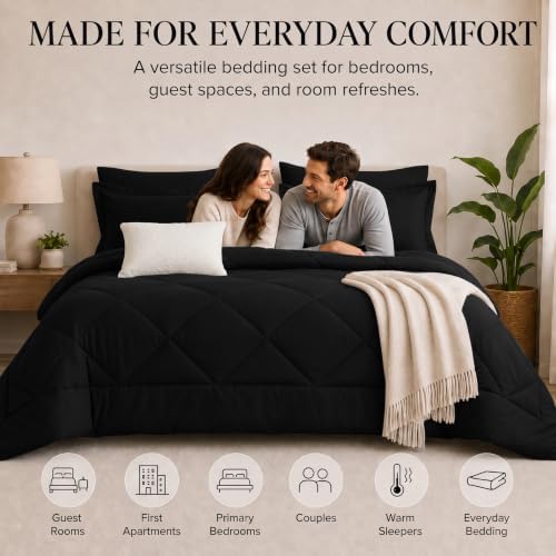 CozyLux Queen Comforter Set 88"x88" Black - 7 Piece Bed in a Bag
