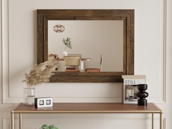 Rustic Wall-Mounted Vanity Mirror, Solid Wood Frame Bathroom Mirror, Farmhous...