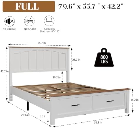 white full size wooden bed frame with built-in shown in use