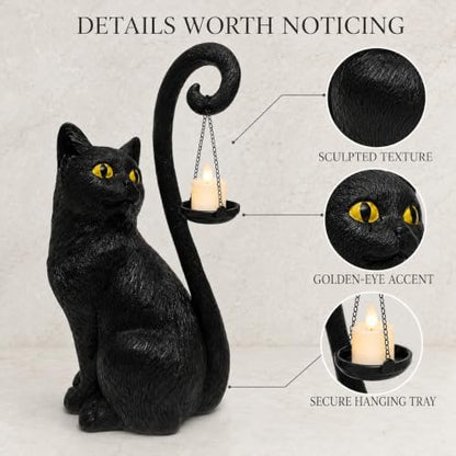 Black Cat Candle Holder Statue Halloween Decor Gothic Cat Lamp Decoration