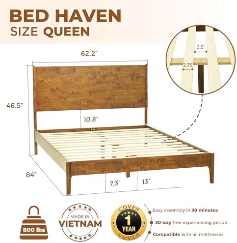 acacia haven queen bed frame and headboard, platform shown in use