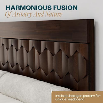 bme georgina king bedframe with geometric headboard, mid showing dimensions