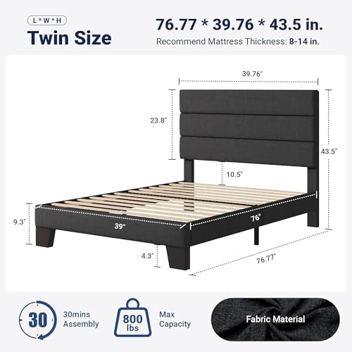 allewie twin size platform bed frame with fabric shown in use