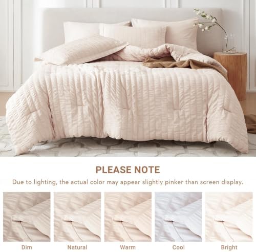 MUXHOMO Queen Comforter Set 7 Pieces, Seersucker Bed in a Bag, Beige