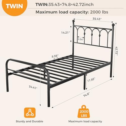 dumos twin bed frame, heavy duty metal platform shown in use
