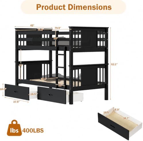 FUQARHY Solid Wood Twin-Over-Twin Bunk Bed with 2 Storage Drawers