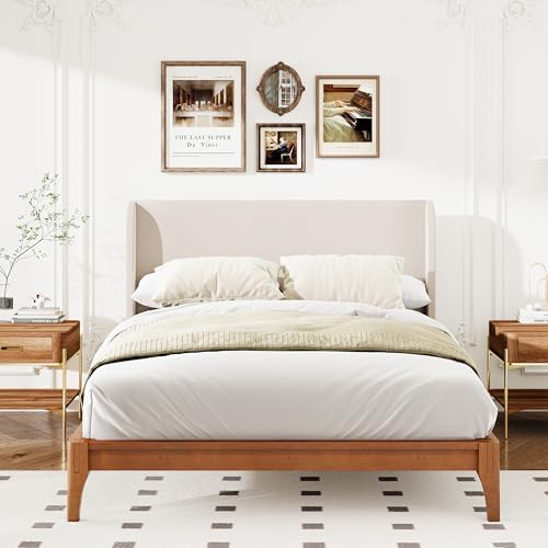 merax queen size bamboo platform bed, mid-century bed, main product view
