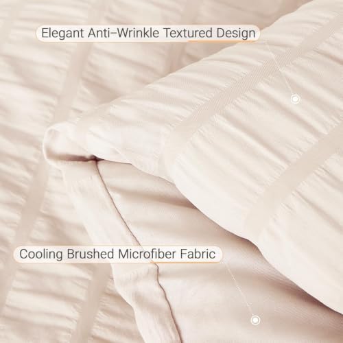MUXHOMO Queen Comforter Set 7 Pieces, Seersucker Bed in a Bag, Beige