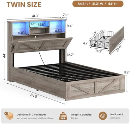 aogllati twin bed with storage bookcase headboard and shown in use