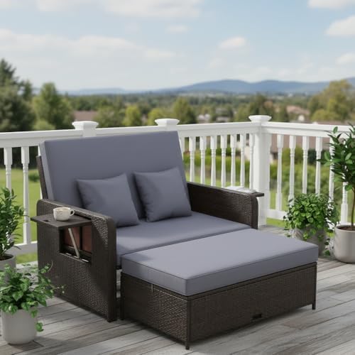 tangkula patio rattan daybed with 4-level adjustable backrest shown in use