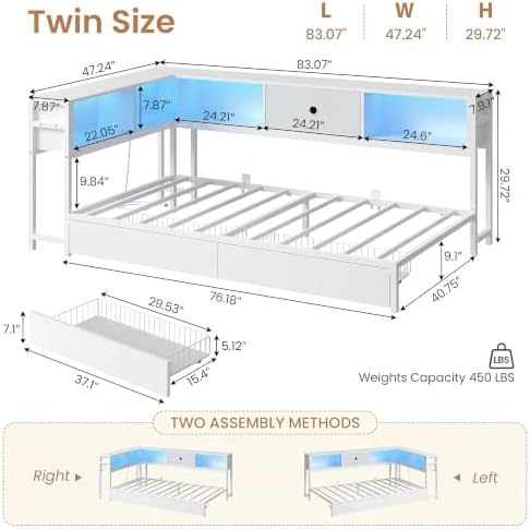 corner twin bed frame with storage bookcase,2 drawers shown in use
