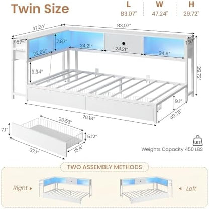 corner twin bed frame with storage bookcase,2 drawers shown in use