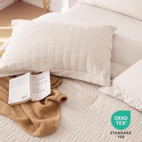 MUXHOMO Queen Comforter Set 7 Pieces, Seersucker Bed in a Bag, Beige