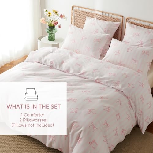pink comforter set full size 3 pieces,pink bows, close-up detail