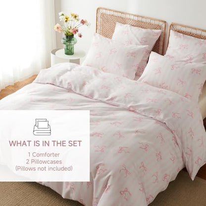 pink comforter set full size 3 pieces,pink bows, close-up detail
