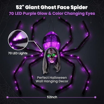 52" Halloween Giant Skull Face Spider, Lighted Outdoor Decoration with Flashing Red & Green Eyes, 70 LED Glowing Spider for Yard, Lawn, Porch, Haunted House Decor (52" Wall-Mounted)