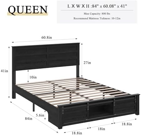 queen size wooden bed frame with headboard and shown in use