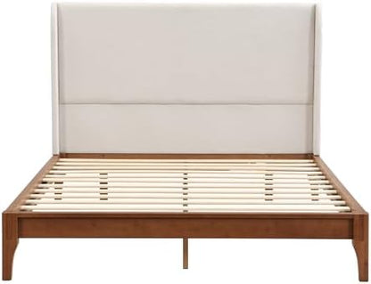merax queen size bamboo platform bed, mid-century bed showing dimensions