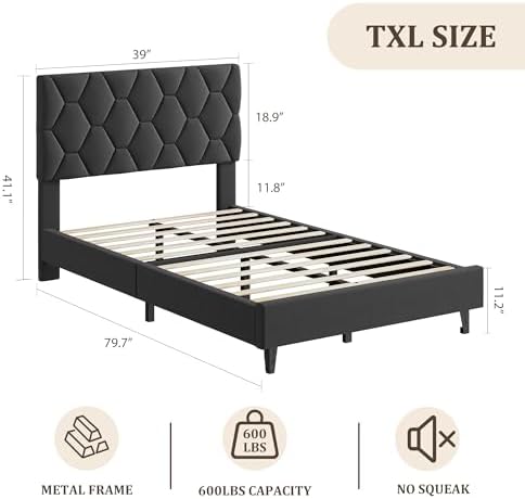 garveehome twin xl bed frame, adjustable upholstered headboard,gray shown in use