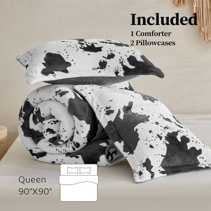 petrichor velvet flannel queen comforter set-cow print western, front angle view