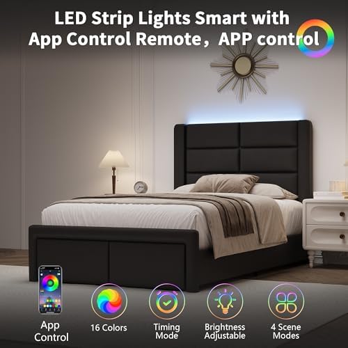 twin bed frame with headboard and led lights, close-up detail