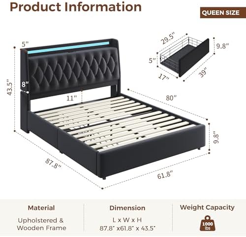 queen led velvet bed frame with 2 storage shown in use
