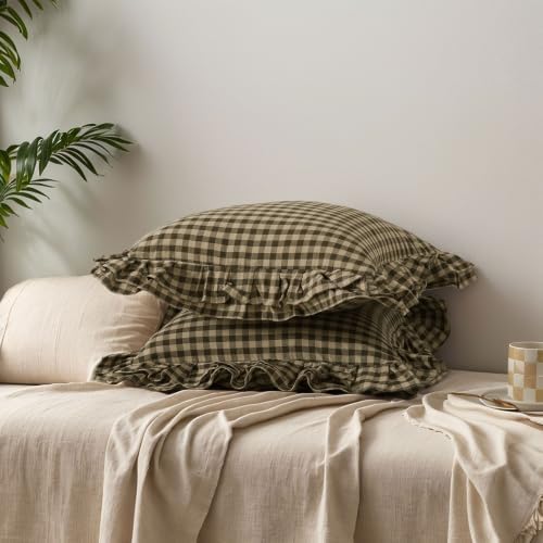 lemfux double ruffle gingham pillow covers, 2 pack, close-up detail