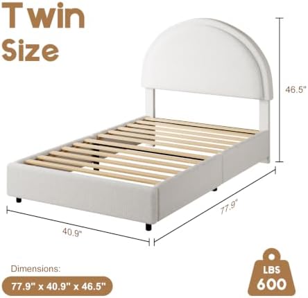 revominca twin size bed frame, boucle upholstered platform shown in use