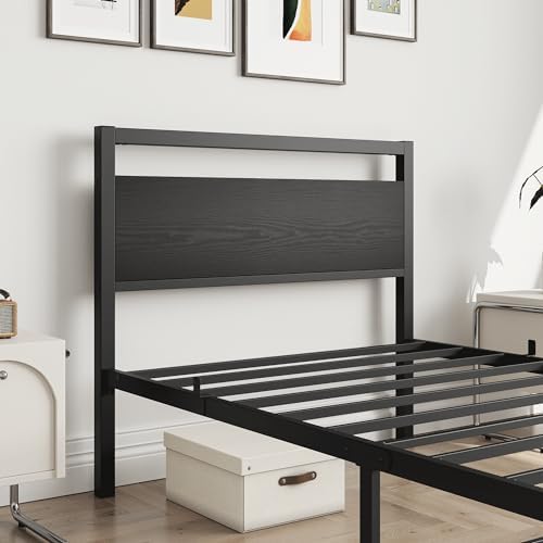 hojinlinero black twin bed frame with wood headboard,single, side view