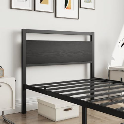 hojinlinero black twin bed frame with wood headboard,single, side view
