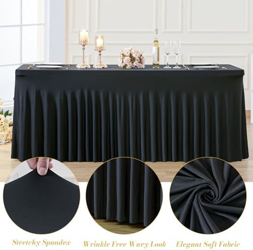 Besutolife 4 Pack Black Spandex Table Cloth for 6ft Rectangle Tables, Wrinkle Free Spandex Table Covers 6ft, Stretch Tablecloth with Skirt for Wedding Banquet Party Halloween Decorations